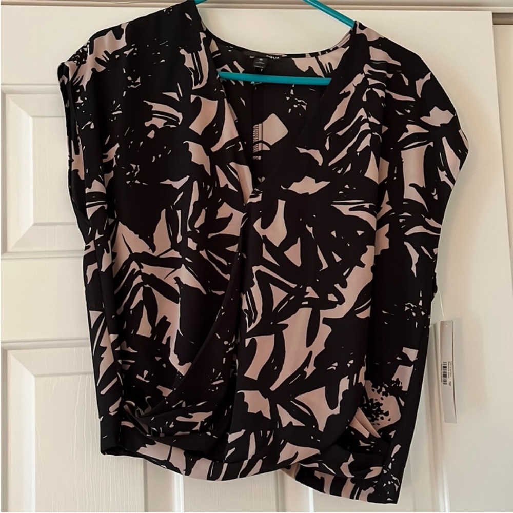 SOLD - Aqua Crop Floral Abstract Print Layered V Neck Short Sleeve Top Blouse